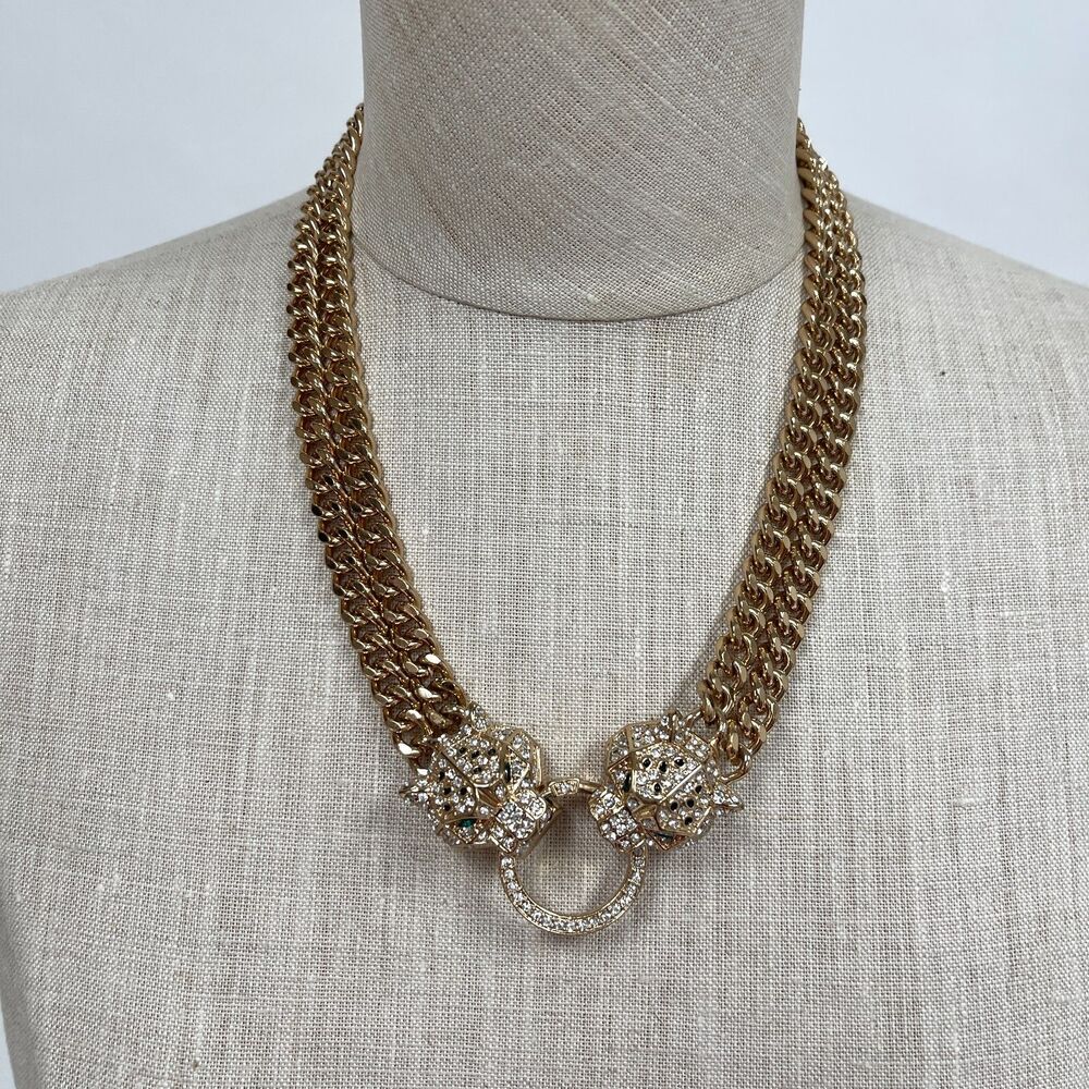 Leopard Jaquar Cat Gold-tone Green Clear‎ Rhinestones Necklace & Earrings NWOT
